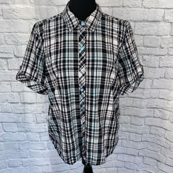 Basic editions 100% cotton XL women button down plaid top - Picture 1 of 10
